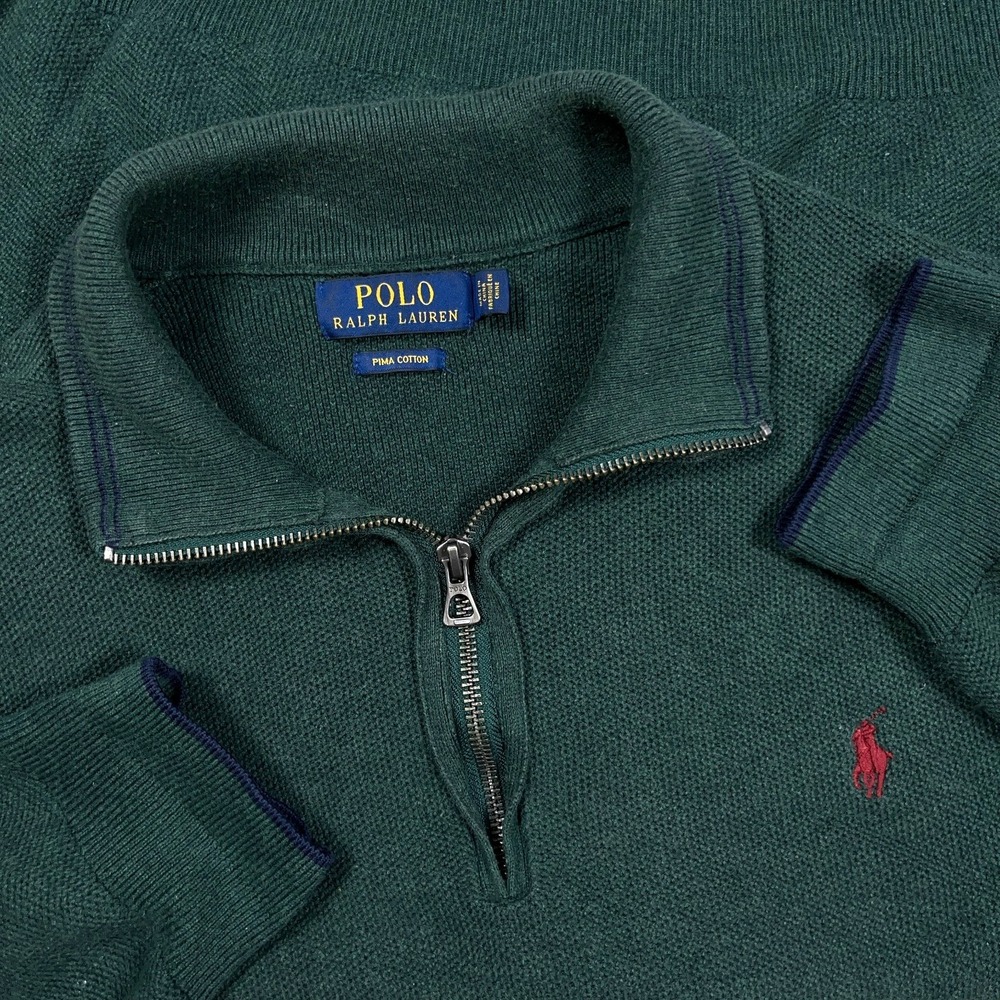 Polo Ralph Lauren Sweater Men XL Green Quarter Zip Pullover Pima Cotton Mesh Red